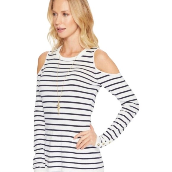 LILLY‎ PULITZER Women's L Cold Shoulder Breton Stripe Wool Blend Sweater Preppy - Picture 1 of 9